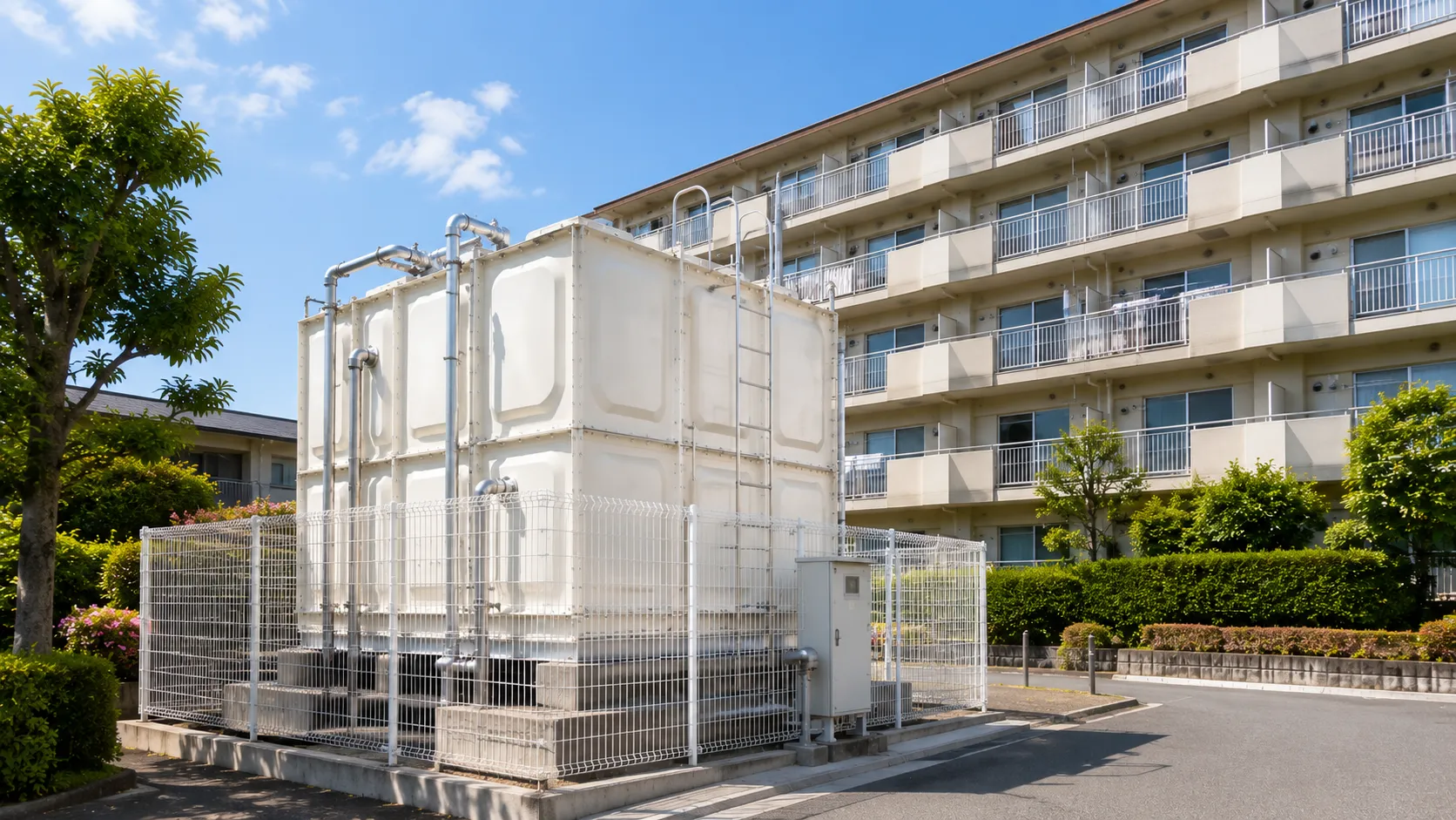 築年数の経った日本の集合住宅に設置された、適切に管理されている貯水槽設備。青空と緑に囲まれた、明るく清潔感のある住宅風景