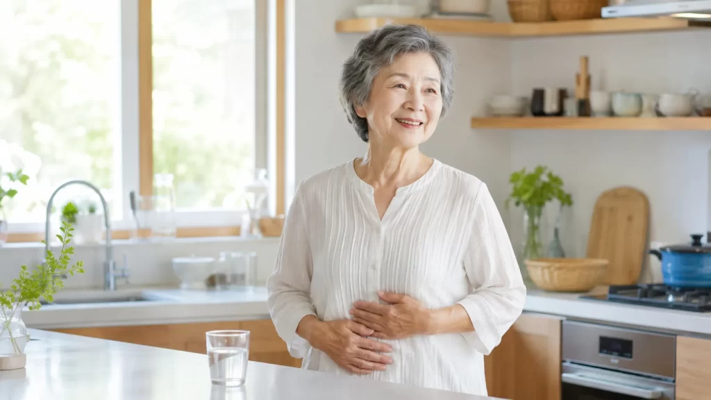 70代の女性がお腹をおさえ微笑んでいる