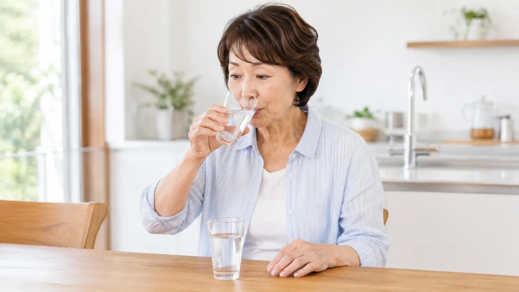 ご家庭の水道水と浄水後の水を飲み比べ、水の違いを実際に体験している様子。